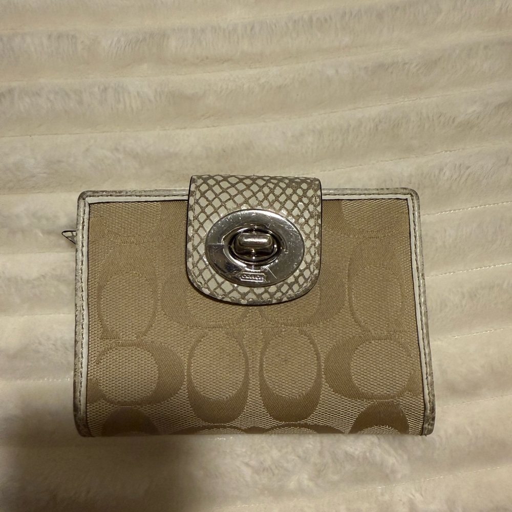Coach Beige Signature Canvas Wallet with Silver Turnlock
